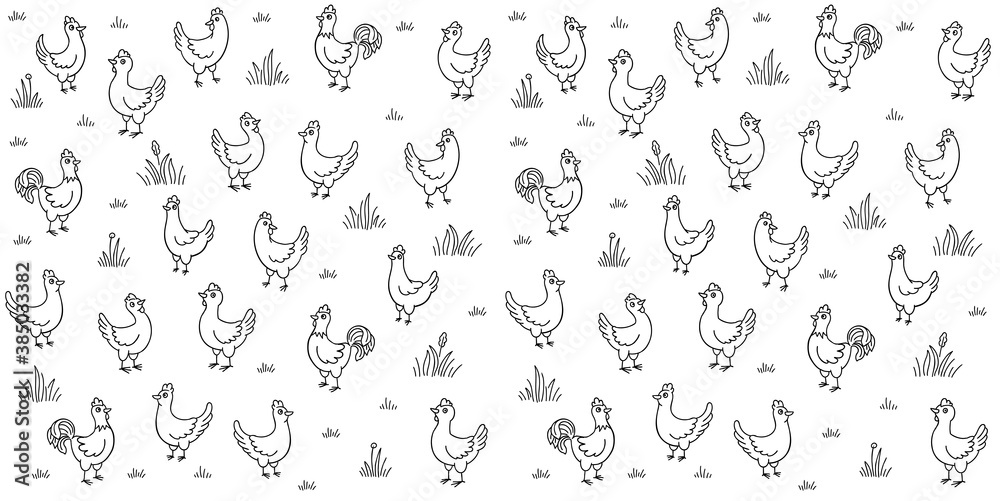 Chickens in the meadow. Poultry farm. Seamless pattern background. Henhouse. Free grazing. Chicken coop factory. Hand drawn contour vector line sketch.