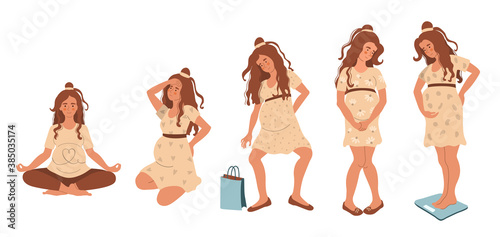 Young pregnant woman in various situations. Set of expectant mother in uncomfortable position. Flat vector illustration isolated on white.