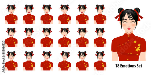 Chinese girl in mandarin gown with different facial expressions set isolated in cartoon character style vector illustration