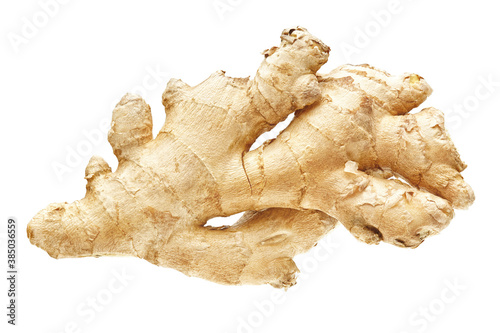 Fresh natural ginger root isolated on white background, full depth of field. Raw vegetable design element composition, focus stacking. Spicy herb medical ginger rhizome, healthy food nutrition concept