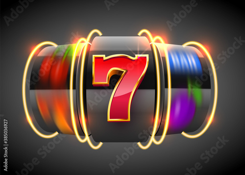 Black Neon slot machine wins the jackpot. 777 Big win casino concept.