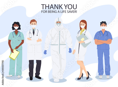 The medical team in white face masks. Doctor, nurse, therapist, surgeon, professional hospital workers. Thank you doctor and Nurses.