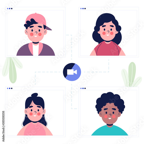 People on video call with friends from home concept. Flat design vector illustration