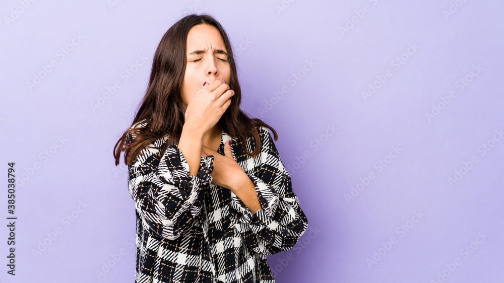 Young mixed race hispanic woman isolated suffers pain in throat due a virus or infection. Young mixed race hispanic woman isolated suffers pain in throat due a virus or infection.