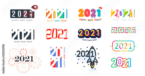 2021 logo set for greeting cards, Happy New Year and Christmas flyers, calendars and invitations to celebration. Creative diverse design in flat, cartoon, business style. Vector illustration.
