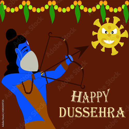 Concept of Culture and religion, celebrating the Indian Festival of Dussehra,Vector showing  Lord Rama killing the virus, coronavirus, covid-19.