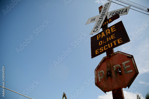 mata de sao joao, bahia / brazil - october 12, 2020: traffic signs indicate crossing of railway lines in the city of Mata de Sao Joao. photo