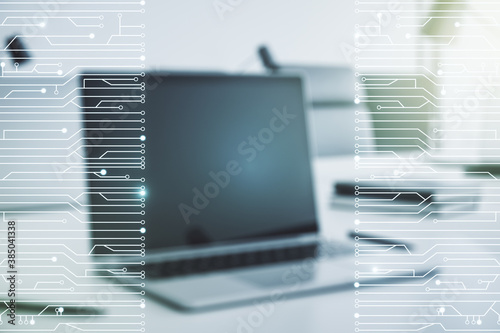 Creative concept of microscheme illustration on modern laptop background. Big data and database concept. Multiexposure