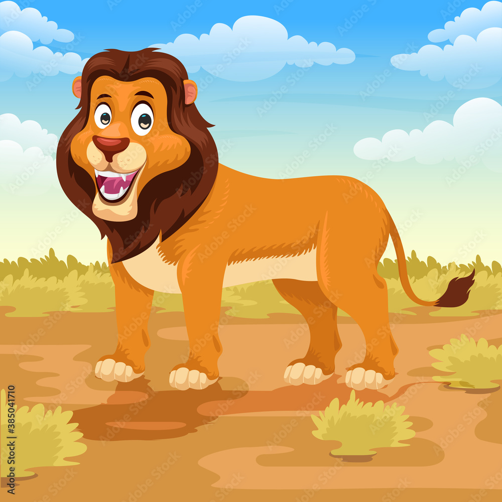 Obraz premium lion cartoon in the savanna stock vector illustration