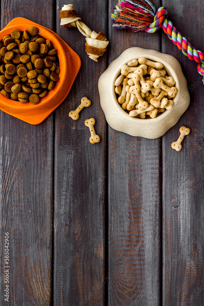 Pet food and dog treats, overhead view Pet food and dog treats, overhead view