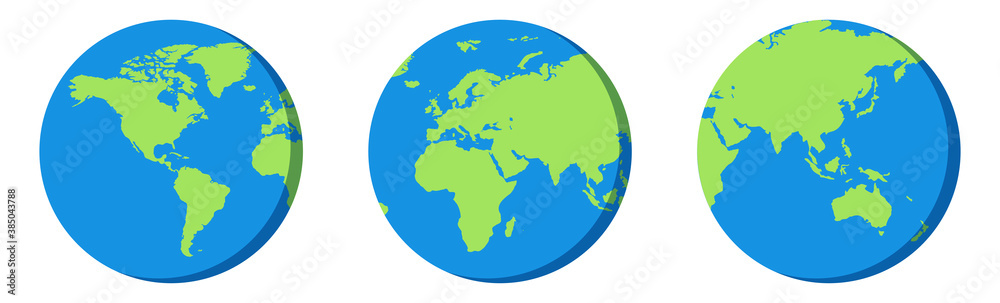 Planet earth. Globe icon in blue and green. World map in flat design on white background. Isolated cartoon globe with continents. America, Asia and Europe silhouette. Eco symbol. Vector EPS 10.