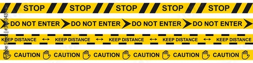 Warning tape in yellow and black. Caution stripe on white background. Do not enter and stop sign border. Restricted police area. Keep distance barrier. Under construction zone. Vector EPS 10.