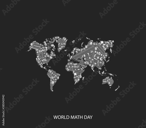 world math day concept. world map with math symbols. vector illustrations. 