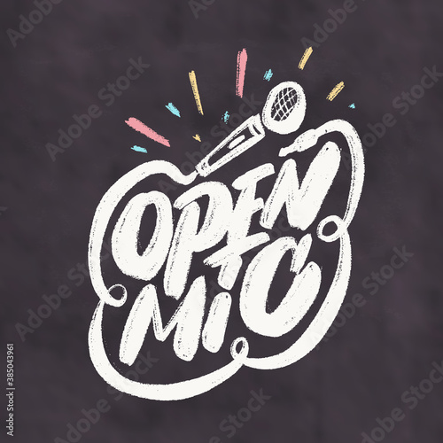 Open mic. Chalkboard vector sign.