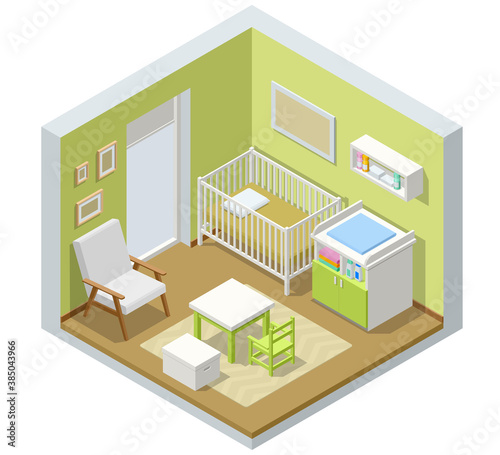 Isometric Child Room with modern furniture. The idea for interior decor. Kid's room for a newborn baby.
