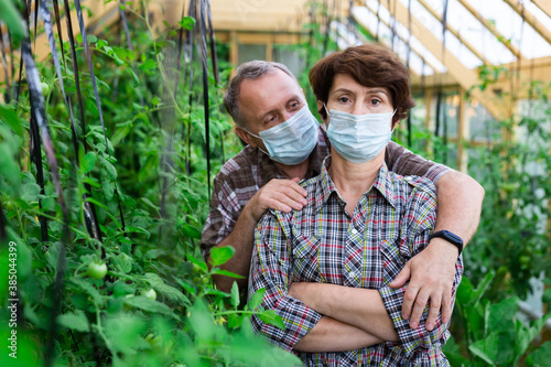 Portrait of elderly married couple in protective masks in greenhouse photo