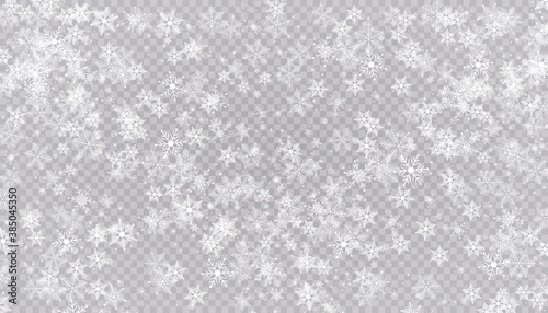 White snow flies on a transparent background. Christmas snowflakes. Winter blizzard background illustration.