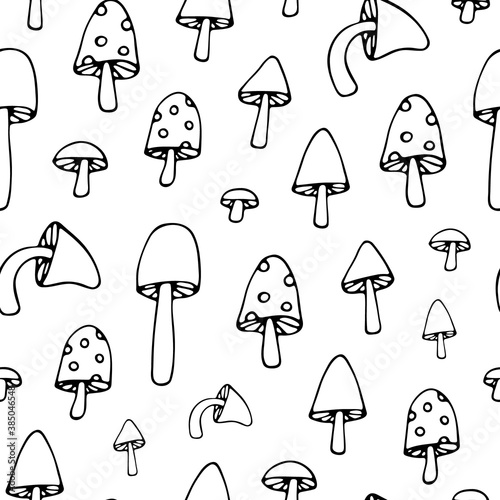 Autumn background. Black and white mushroom seamless pattern