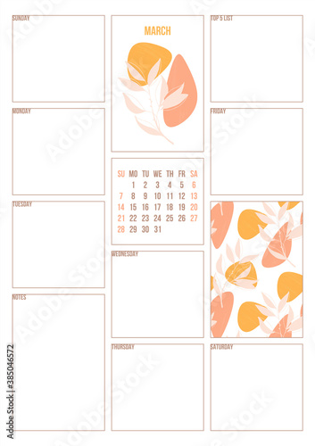 Weekly planner with abstract floral design and with the calendar