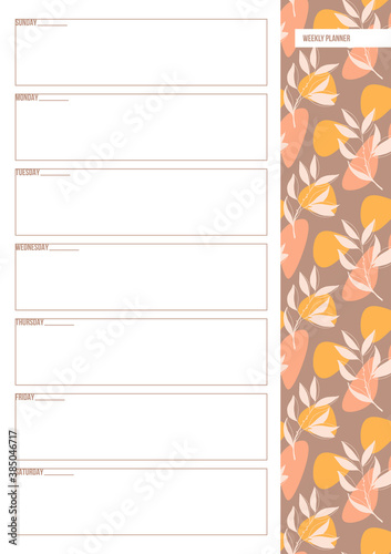 Weekly planner with abstract floral design and with the calendar