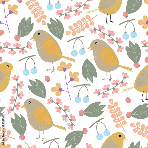 flowers, berries and birds seamless pattern vector design