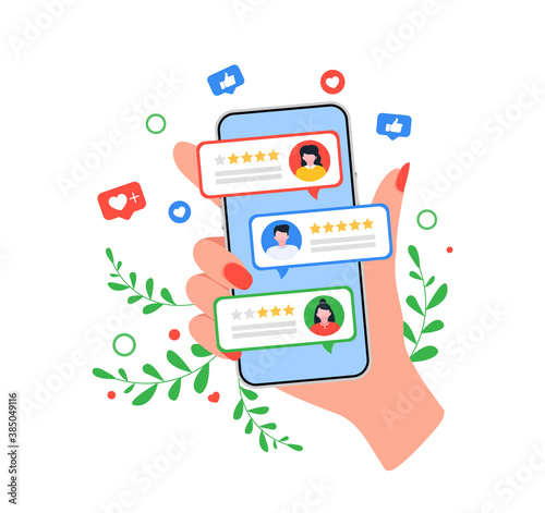 Rating review bubble. Reviewers texting on cellphone app, choice bad or good 5 star ratings.