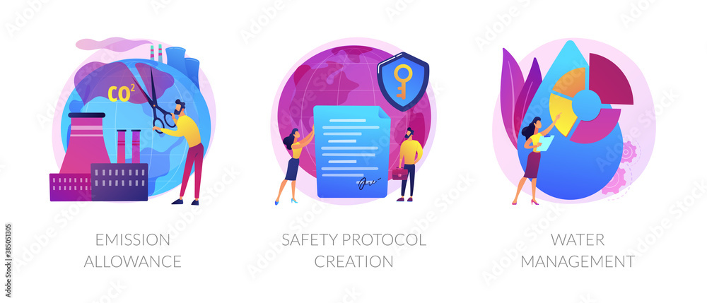 Controlling pollution icons set. Limiting pollutants into air, water and land. Emission allowance, safety protocol creation, water management metaphors. Vector isolated concept metaphor illustrations.