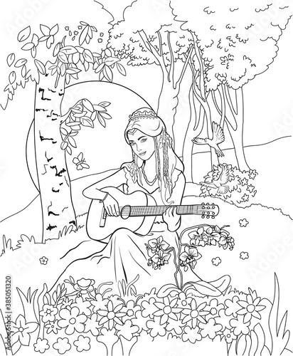Adult coloring page, book. 
Pretty girl with guitar. Gypsy. Princess.Zen art style illustration.
A printable coloring page for all ages.