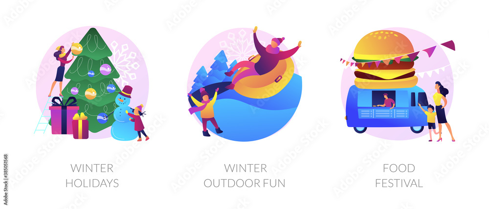 Christmas celebration, wintertime active recreation, fast food party icons set. Winter holidays, winter outdoor fun, food festival metaphors. Vector isolated concept metaphor illustrations