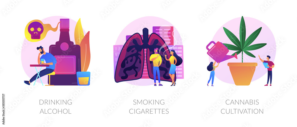Booze dependence, nicotine addiction, marijuana growing icons set. Drinking alcohol, smoking cigarettes, cannabis cultivation metaphors. Vector isolated concept metaphor illustrations Booze dependence, nicotine addiction, marijuana growing icons set. Drinking alcohol, smoking cigarettes, cannabis cultivation metaphors. Vector isolated concept metaphor illustrations