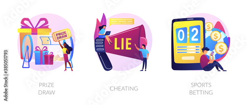 Lottery awards raffle, unfair victory and fraud, internet gambling problem icons set. Prize draw, cheating, sports betting metaphors. Vector isolated concept metaphor illustrations