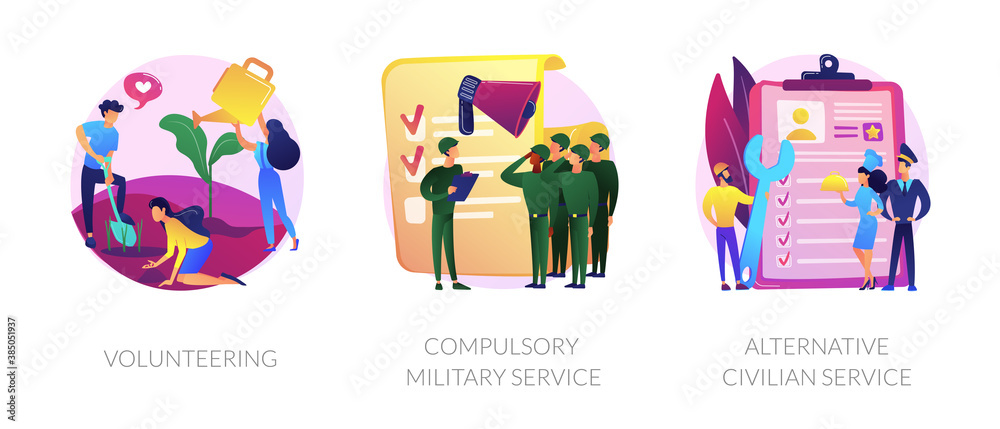 Voluntary work, country protection, employment industry icons set. Volunteering, compulsory military service, alternative civilian service metaphors. Vector isolated concept metaphor illustrations