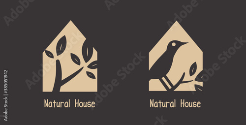 Logo, maison nature, oiseau et feuillage