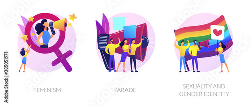 Women empowerment movement, gay pride demonstration, asserting rights icons set. Feminism, parade, sexuality and gender identity metaphors. Vector isolated concept metaphor illustrations