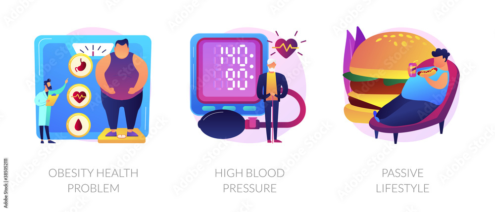 Overweight issue, heart disease treatment, unhealthy pastime icons set. Obesity health problem, high blood pressure, passive lifestyle metaphors. Vector isolated concept metaphor illustrations