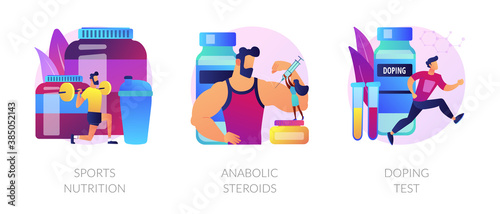 Active lifestyle, illegal substances use, professional sportsman examination icons set. Sports nutrition, anabolic steroids, doping test metaphors. Vector isolated concept metaphor illustrations