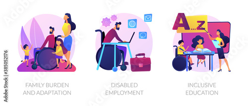 Handicapped people support and rehabilitation flat icons set. Social adaptation of disabled people, disabled employment, inclusive education metaphors. Vector isolated concept metaphor illustrations.