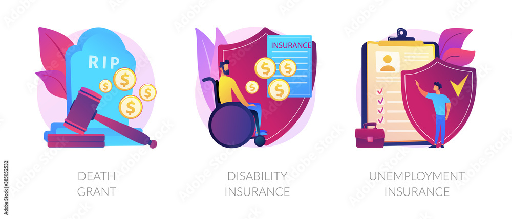 Deceased employee funeral expenses coverage. Disabled individuals allowance. Death grant, disability insurance, unemployment insurance metaphors. Vector isolated concept metaphor illustrations.