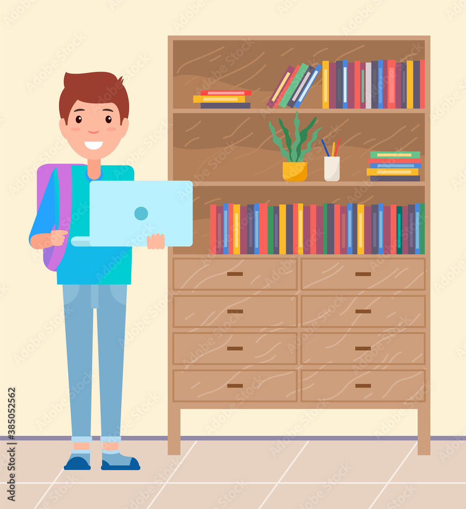 Student with laptop and backpack smiling, pupil standing near cabinet with books and decoration, young guy or boy portait and modern technology, vector cartoon character studying in internet Student with laptop and backpack smiling, pupil standing near cabinet with books and decoration, young guy or boy portait and modern technology, vector cartoon character studying in internet