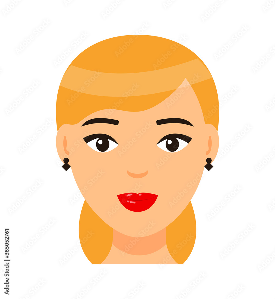 Vector cartoon character. Concept of avatar of young blonde woman with red lips and light makeup, earrings. Isolated portrait of pretty girl with elegance ponytail hairstyle. Attractive lady icon Vector cartoon character. Concept of avatar of young blonde woman with red lips and light makeup, earrings. Isolated portrait of pretty girl with elegance ponytail hairstyle. Attractive lady icon