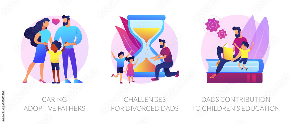 Children raising metaphors. Single father teaching son. Kids home education, divorced dads challenges, caring adoptive parents. Family life abstract concept vector illustration set.