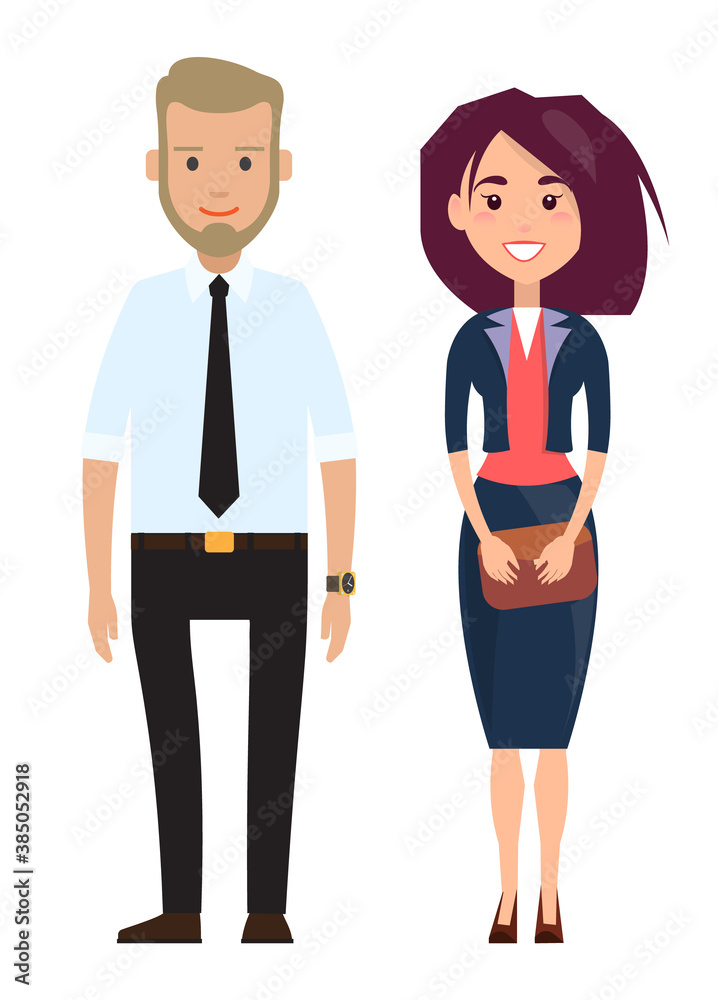 Stylish businesspeople wearing office suits. Businessman in shirt, tie and trousers with belt, hand watch. Businesswoman smiling wear elegance jacket and dress, holding hand bag. Office dresscode