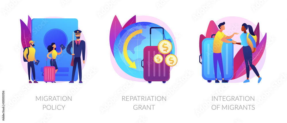 Human legal migration metaphors. Repatriation grant, integration of migrants, immigration policy. Moving to abroad, returning to homeland abstract concept vector illustration set. Human legal migration metaphors. Repatriation grant, integration of migrants, immigration policy. Moving to abroad, returning to homeland abstract concept vector illustration set.