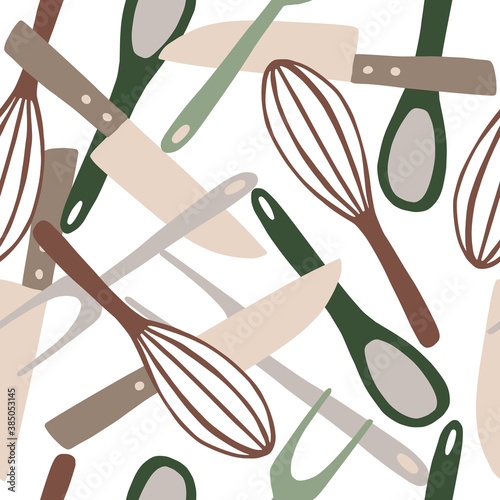 Seamless random isolated pattern with kitchen ware ornament. Knife, spoon, fork, corolla tools ornament in pastel colors on white background.
