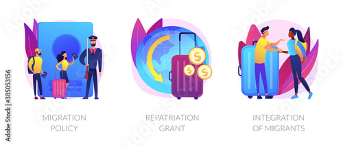 Human legal migration metaphors. Repatriation grant, integration of migrants, immigration policy. Moving to abroad, returning to homeland abstract concept vector illustration set.