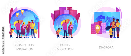Refugees, forced displacement metaphors. Community and family migration, diaspora, asylum seekers. Country borders illegal crossing abstract concept vector illustration set.