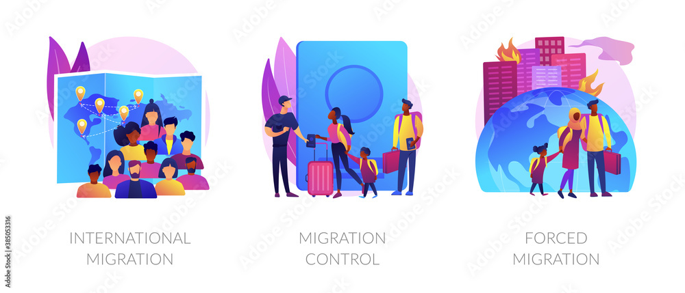 Population displacement, refugees metaphors. Forced and international migration, asylum seekers, emigrants control. National borders crossing abstract concept vector illustration set.