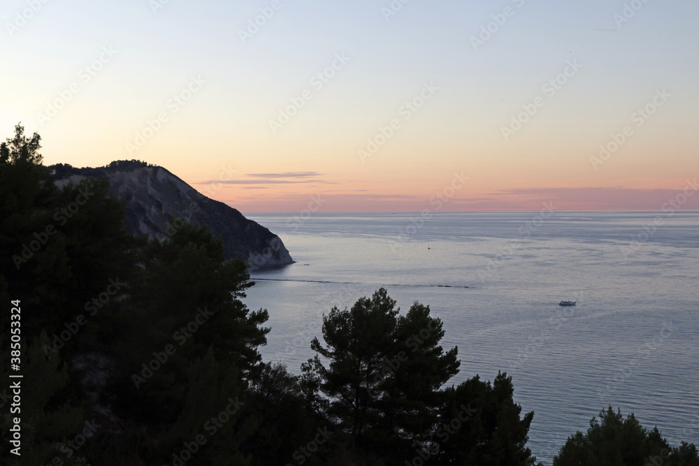 View of beautiful sunset from Monte Conero, Ancona, Italy.