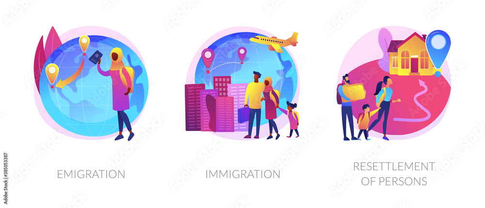 Population mobility, human migration metaphors. Emigration, immigration, people resettlement. Country borders legal and illegal crossing abstract concept vector illustration set.