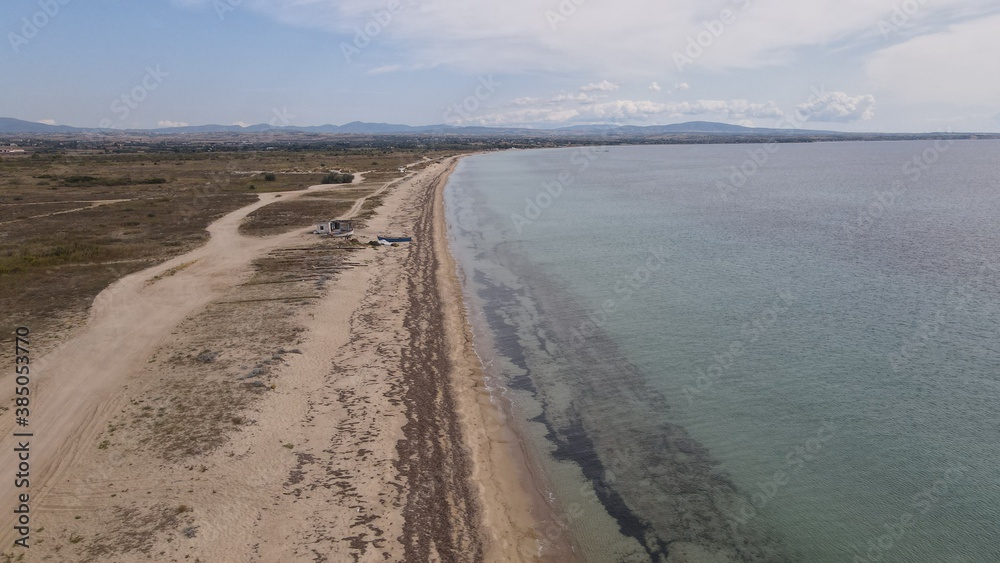 Drone photo over an amazing tropical beach in Epanomi, Chalkidiki, Greece